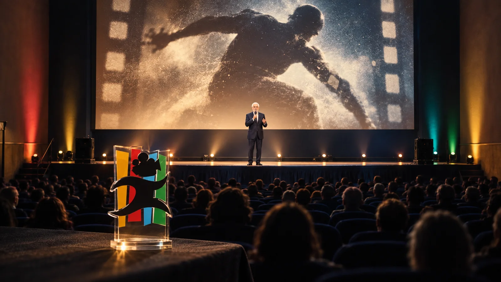 Promotional composite for the awards night: Francesco Repice on the Supercinema stage with the ISFF trophy in the foreground.
