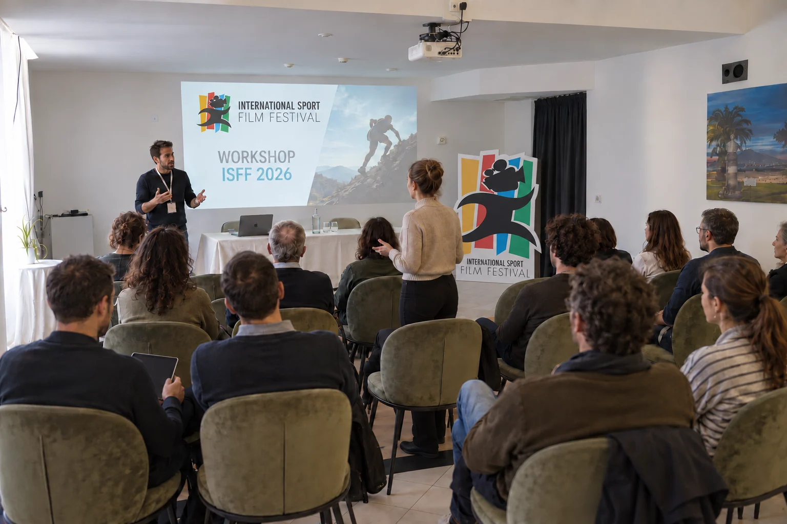 ISFF workshop promotional artwork: a speaker and participants in discussion, with the Festival's visual identity.