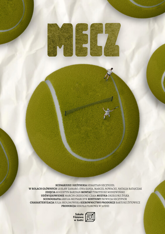 Mecz poster: large tennis balls against a white background, with two players and a net on the central ball.