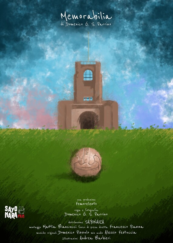 Illustrated poster for Memorabilia: a football on the grass in front of a brick tower beneath a blue and dark sky.