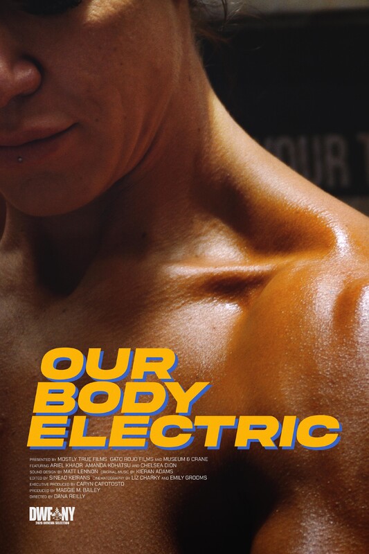 Locandina di OUR BODY ELECTRIC: dettaglio della spalla e del collo di un’atleta, con il titolo giallo e blu in basso.