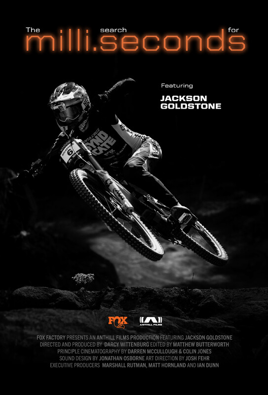 Original poster for The Search For Milliseconds - Jackson Goldstone showing the rider airborne on his mountain bike