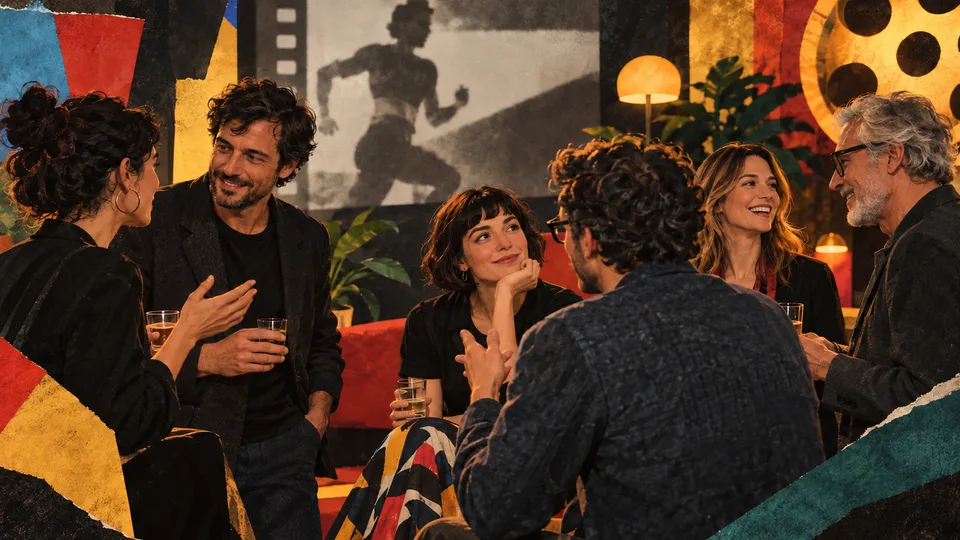 Illustrazione promozionale: professionisti del cinema conversano durante un cocktail party, con un fondale cinematografico.